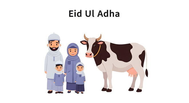 Eid Ul Adha illustration with family and sacrificial cow on a white background