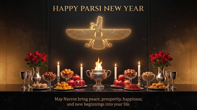 Happy parsi new year greeting card with a glowing faravahar symbol, burning fire in a metal chalice, red roses in silver vases, and bowls of traditional food on a dark marble table