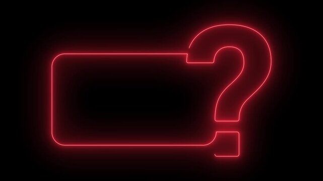 Question mark animated glowing red neon big query symbol with frame border 4k dark black background