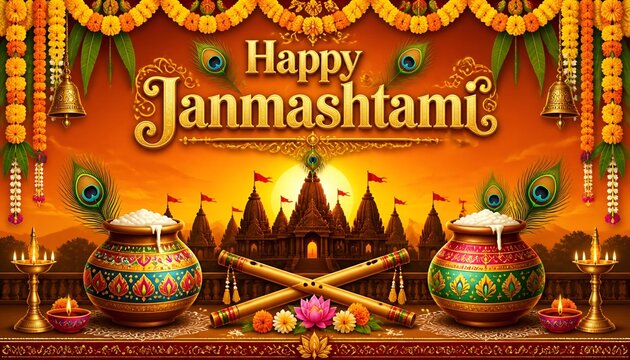 Vibrant janmashtami celebration background with temple and traditional elements