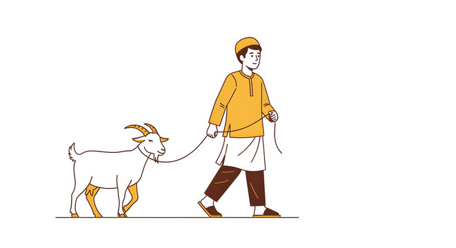 Young man walking a goat with a leash vector illustration on a white background