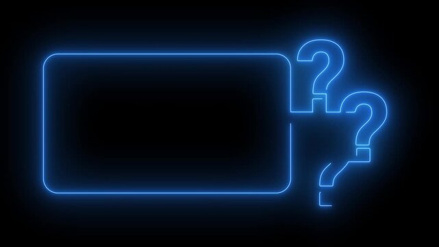 Question mark animated glowing blue neon frame border with three query symbols 4k dark black background