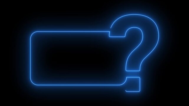 Question mark animated glowing blue neon big query symbol with frame border 4k dark black background