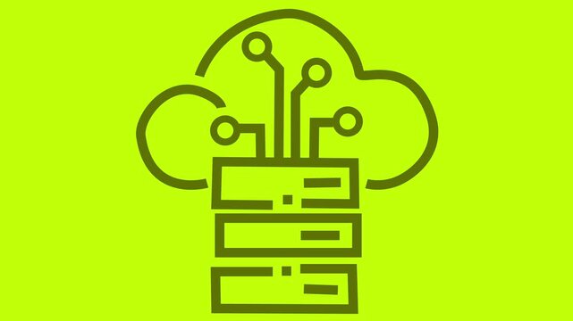 Animated Cloud Server Data Center Icon Motion Graphics - Flat Design Database Circuit Board Technology Concept Loop Video on Bright Yellow Green Background