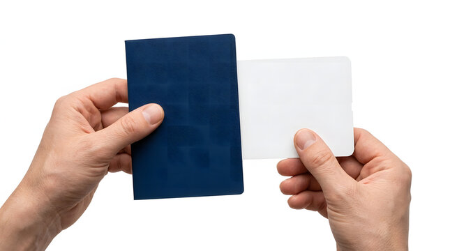 Passport blue cover with a blank white identity card held in male hands isolated on a white background for travel documents, immigration, international border crossing, and global tourism concepts.