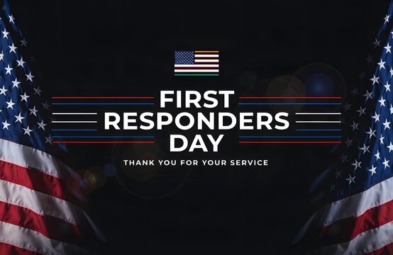 First Responders Day Banner with American Flag Frame Thin Line Stripes and Dark Background