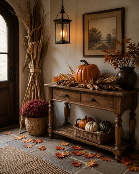 Entryway with pumpkin and corn husk centerpiece on console table, corn stalks, scattered fall leaves, warm welcome and autumn decor concept