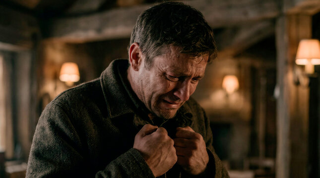 Distressed man experiencing severe emotional pain, grief, or heartbreak indoors