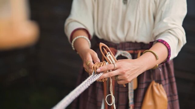 A person prepares to craft rope using a series of loops and knots. The individual wears a simple tunic and skirt, reflecting early medieval clothing styles