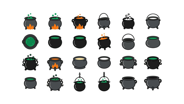 Set of witch cauldron icons with magic potions and boiling liquid in various styles for fantasy games and halloween design projects Vector