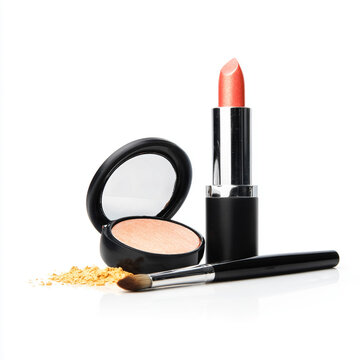 Essential cosmetic items featuring a vibrant peach lipstick, an open compact with face powder, and a soft brush