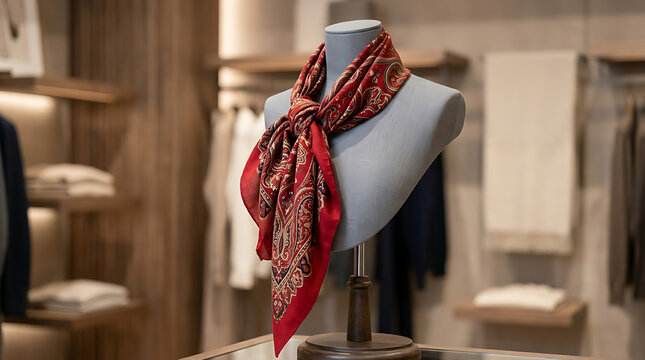Intricately patterned red silk scarf elegantly displayed on a mannequin in a fashion boutique