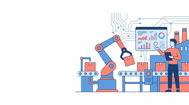 engineer, robotic arm, digital dashboard monitoring an automated conveyor belt packaging system. A simple flat design digital drawing illustration of smart factory mechatronics with a large left copy 