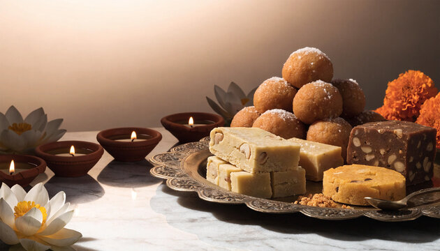 Diwali sweets background, traditional Indian mithai on vintage brass plate with glowing diyas and copy space