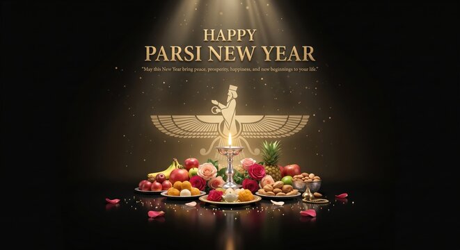 Happy parsi new year greeting card featuring a golden faravahar symbol, a lit diya oil lamp, assorted fresh fruits, flowers, and traditional indian sweets on a dark background