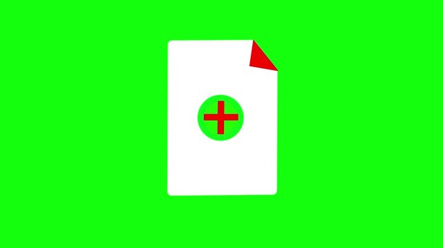 Medical document animated icon with red cross plus symbol appearing on paper on green screen chroma key background,