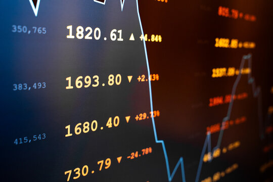 Stock market financial data screen with price charts, graphs and trading numbers, investment and finance concept
