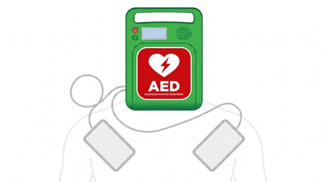 Automated External Defibrillator AED device with heart symbol and electrode pads illustration, emergency medical equipment for cardiac arrest response, life-saving technology icon