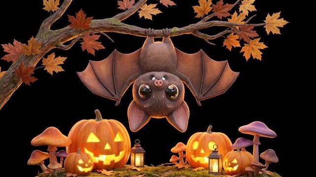 Adorable Hanging Baby Bat with Pumpkins Cute Halloween Animation Seamless Loop Background