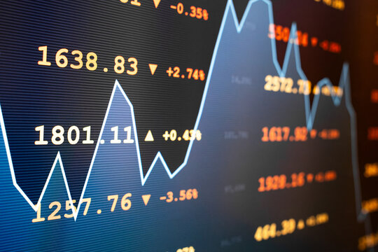 Stock market chart with price data and trading numbers on dark screen, financial investment concept