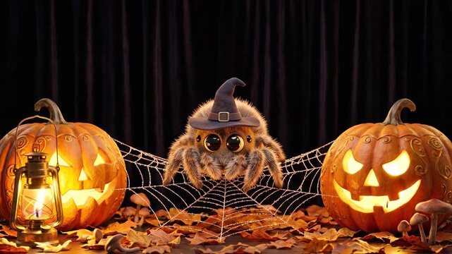 Adorable Baby Spider Reading Magic Book Cute Halloween Character Seamless Loop Animation