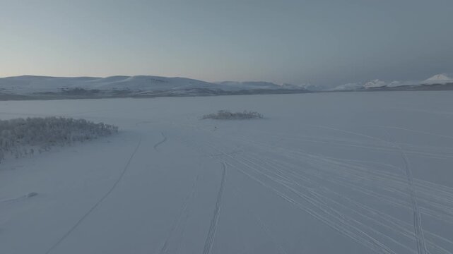 Rentierfamilie auf einem gefrorenen See in Lappland, Finnland. Schneelandschaft in einer Polarnacht bei klarem Himmel. Dicke Eisschicht auf dem See. Drohne Mavic 3 Pro. D-Log