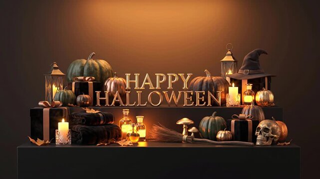 Luxury Happy Halloween Typography with Pumpkins and Gift Boxes Seamless Loop Animation