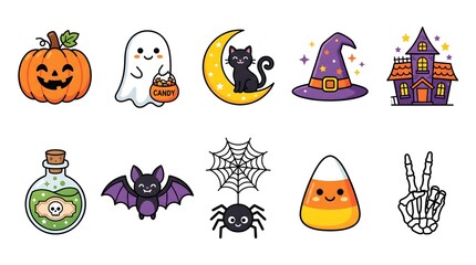 Fototapeta premium Set of cute hand drawn halloween stickers featuring ghosts pumpkins bats and other spooky holiday themed icons