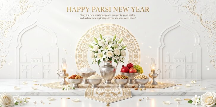 Happy parsi new year greeting card with white lilies in a silver vase, bowls of nuts and fruits, lit oil lamps, and intricate gold mandala patterns on a white marble surface
