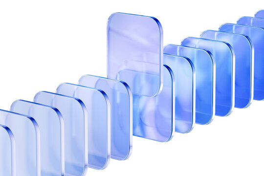 Abstract tech banner with overlapping blue glass tiles row. IT concepts highlighting data block sequencing and digital order. 3d rendering