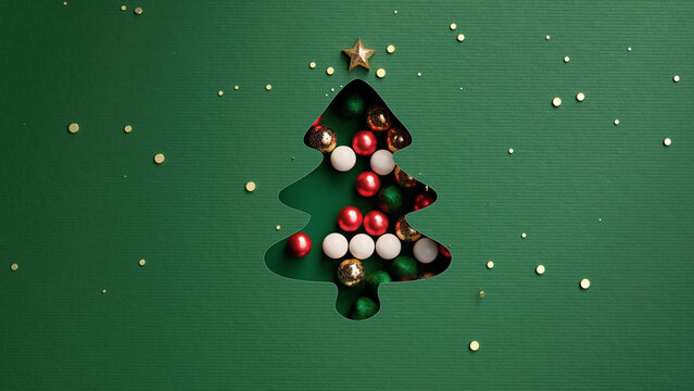Merry Christmas and New Year greeting festive background. Green paper cutout reveals miniature festive ornaments within a Christmas fir tree silhouette. 3d rendering.