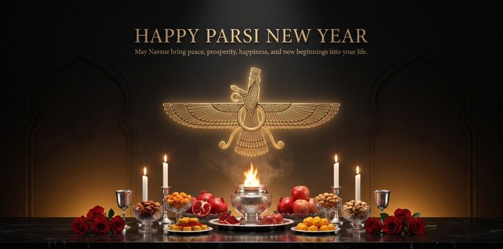 Happy parsi new year greeting card with a glowing faravahar symbol, burning fire in a silver vessel, bowls of fruit, nuts, and red roses on a dark table
