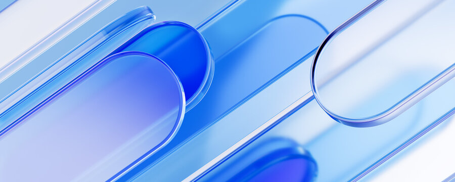 Rounded blue glass panels abstract modern futuristic geometric minimal background 3d rendering. Medical technology, laboratory research presentations, or smooth UI app design elements.