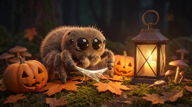 Adorable Baby Spider Sitting on Web Cute Halloween Character Seamless Loop Animation