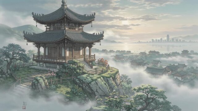Sunrise over tranquil landscape with majestic pagoda surrounded by nature and calm atmosphere