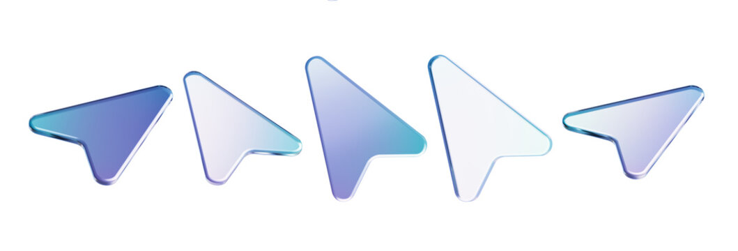Set of glass pointing cursor arrows isolated on white. Forward direction, growth strategy, and interactive web navigation. 3d rendering