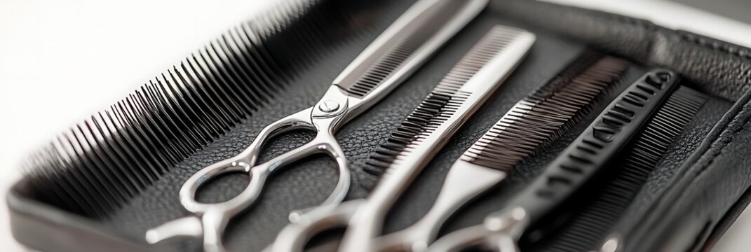 Professional barber scissors and combs in black leather case hairdressing tools salon equipment close up view
