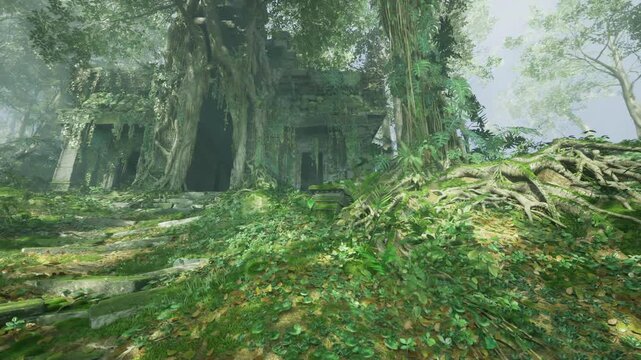 banyan roots embracing carved stone doorway, ornate lintel half hidden by foliage and moss dramatic organic architecture suits fantasy, heritage,