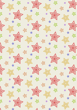 repeating pattern of multicoloured outline stars in red, yellow, green, purple and blue on a light background