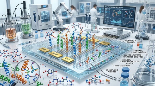 ransparent molecular sensing platform integrating peptide receptors with nanowire electronics surrounded by realistic chemical compounds, futuristic biotechnology laboratory, highly detailed 