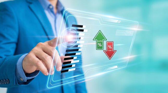 Businessman touching a holographic display showing increasing quality and decreasing costs, symbolizing business process improvement