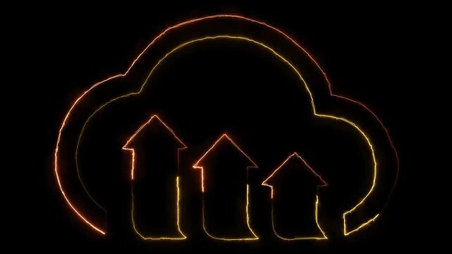 Neon digital cloud icon, data transfer animation. Glowing neon cloud storage with arroAnimated cloud storage icon with upward arrows featuring rough glowing outline for data transfer and online backup