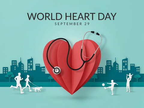 World heart day concept with paper art red heart stethoscope active people silhouettes in urban city park lifestyle cardiology stethoscope exercising