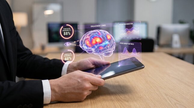 behavioral marketing and business intelligence concept showing professional analyzing consumer brain activity data on tablet with buying intention tracker, focus group metrics, and cognitive insights
