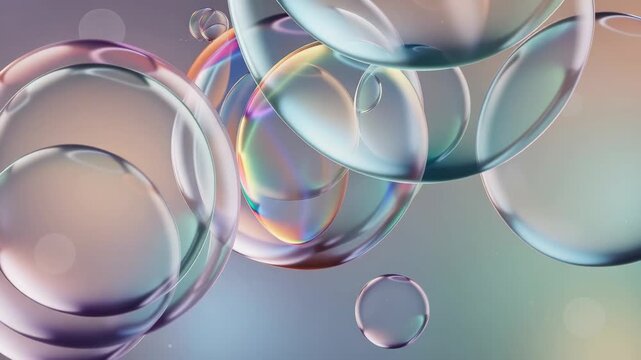 Mesmerizing video of iridescent bubbles floating merging and reflecting vibrant colors in motion