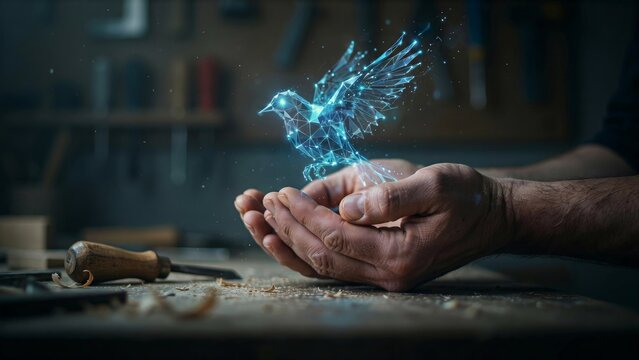 Digital glowing geometric bird emerges from hands of a woodworker in a dark rustic workshop with blue particle light effects