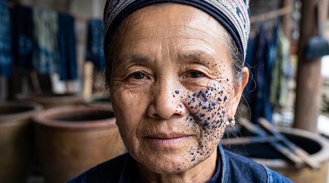 El rostro completo de una tintorera de la etnia Miao con un Gradiente qu&iacute;mico textil en rostro