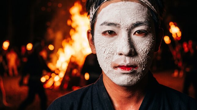 Maquillaje blanco tradicional japon&eacute;s frente al fuego