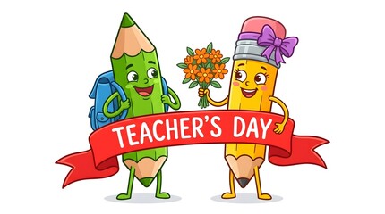 Fototapeta premium Cute cartoon pencils characters celebrating teacher day with a bouquet of flowers and a red banner