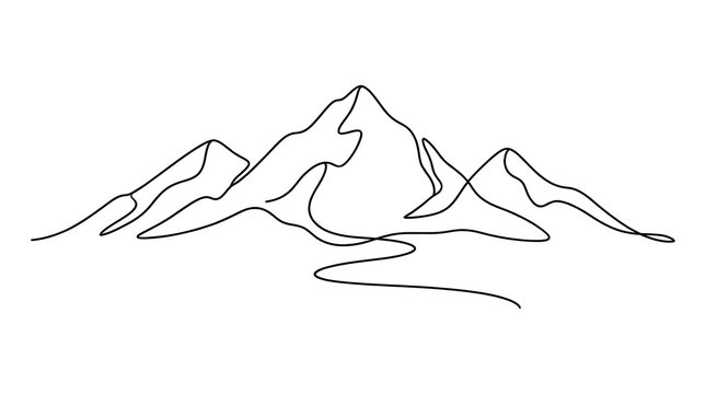 Continuous line drawing of mountain range and winding road.